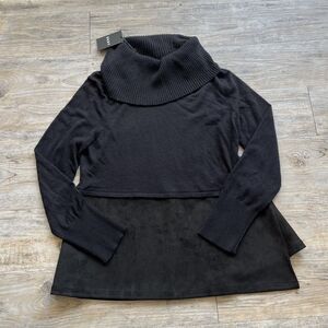 DKNY Sweater Turtle Neck Large NWT Black Knit Suede Fall